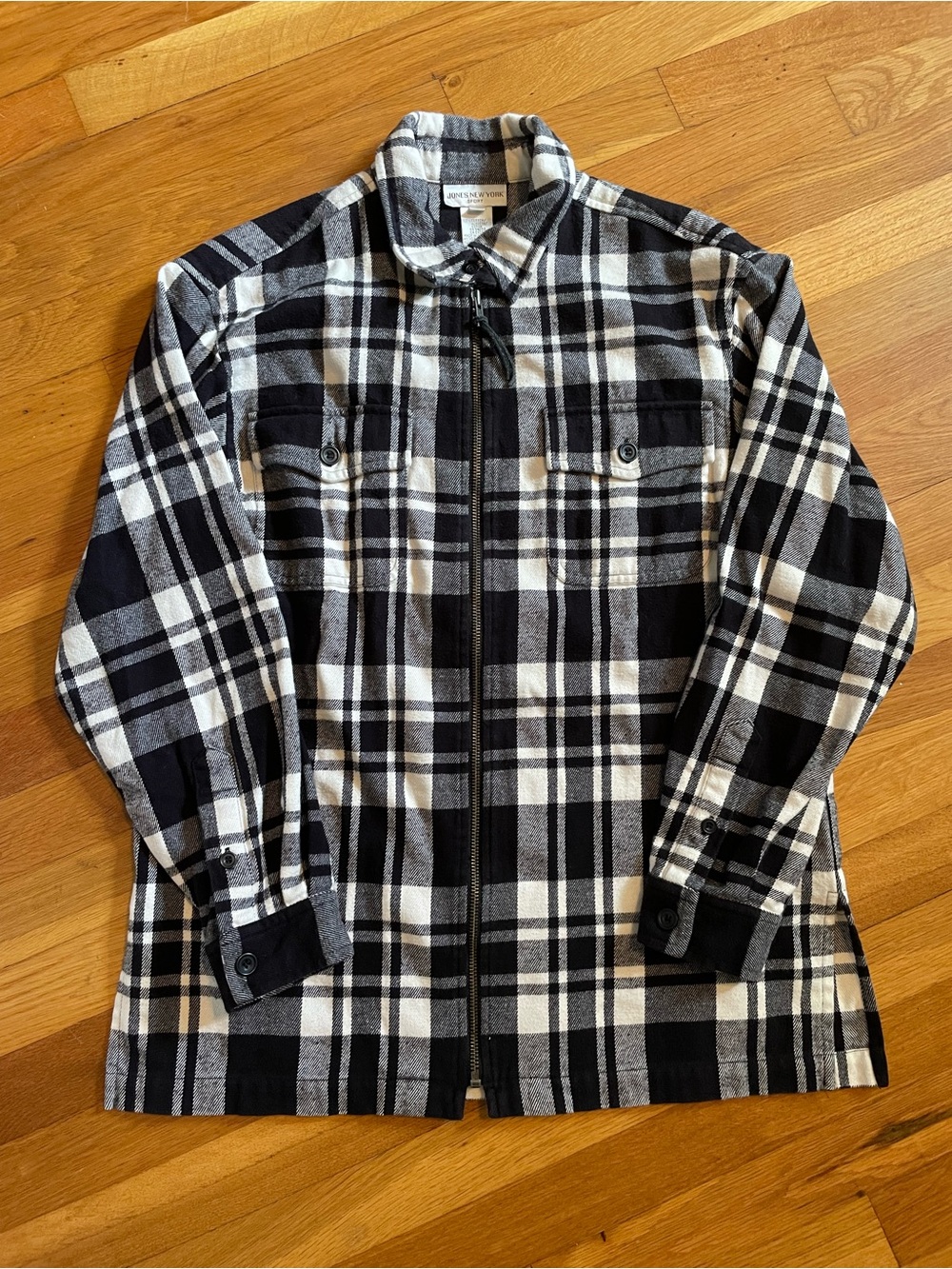 VTG Jones New York Sport Black & White Plaid Zip-Up Shirt Jacket